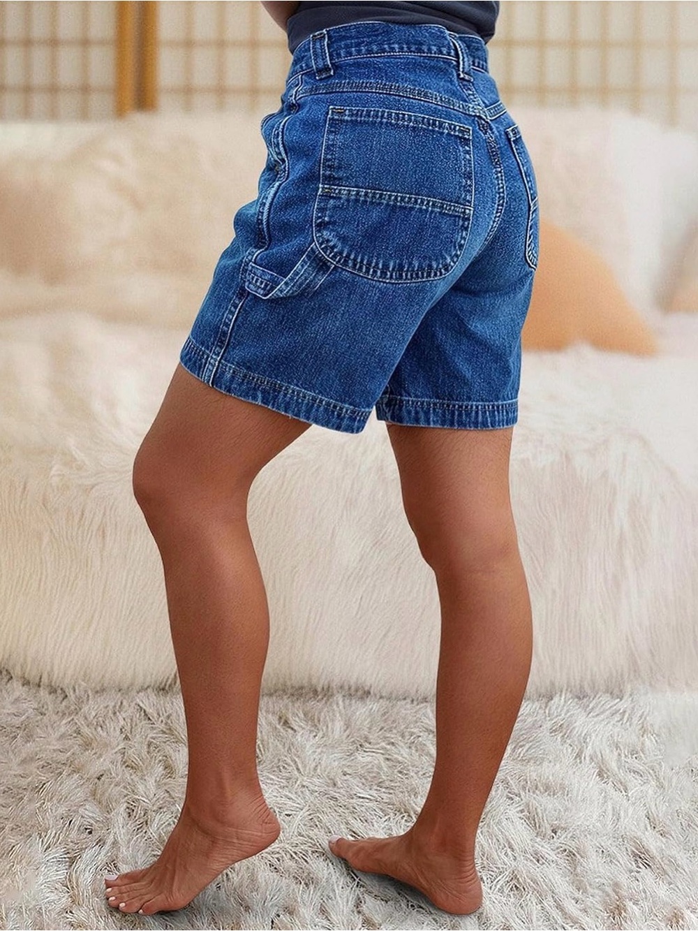 Flamingals High Waist Denim Shorts Mid Thigh Length Carpenter 3XL PS12-1 - Picture 2 of 5